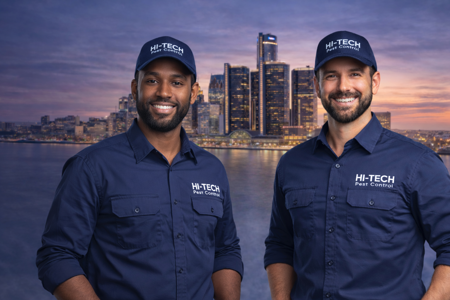 Two Hi-Tech Pest Control technicians in uniform standing in front of the Detroit skyline at sunset