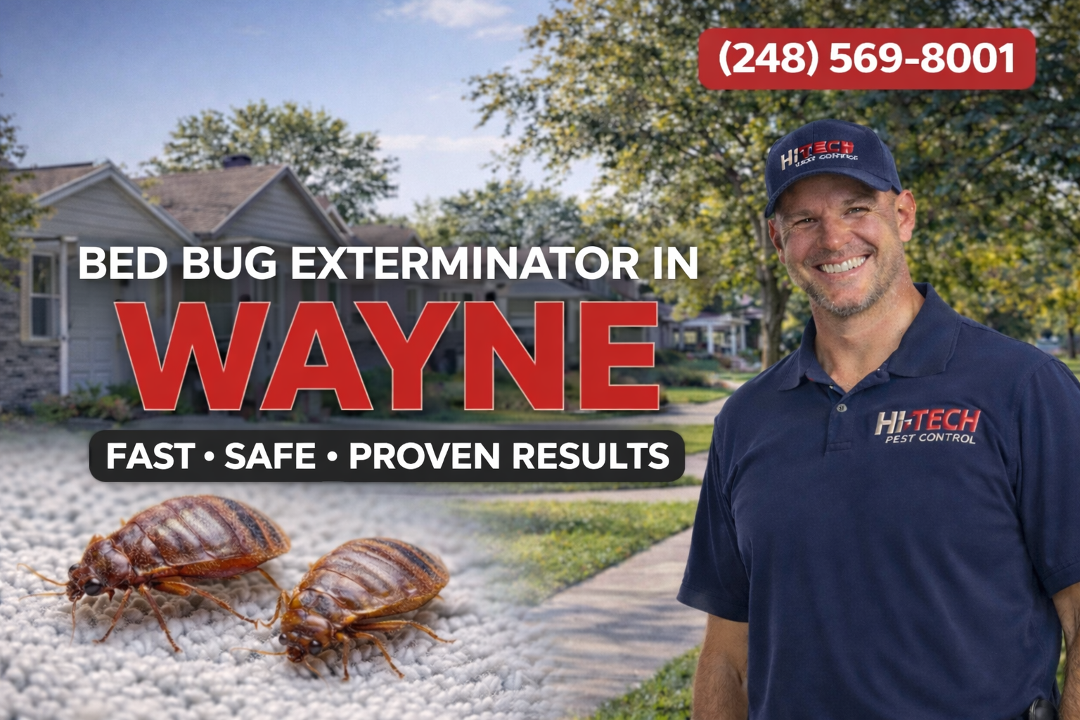 Wayne Michigan bed bug exterminator with Hi-Tech Pest Control technician, bed bugs on carpet, and same-day professional bed bug treatment available