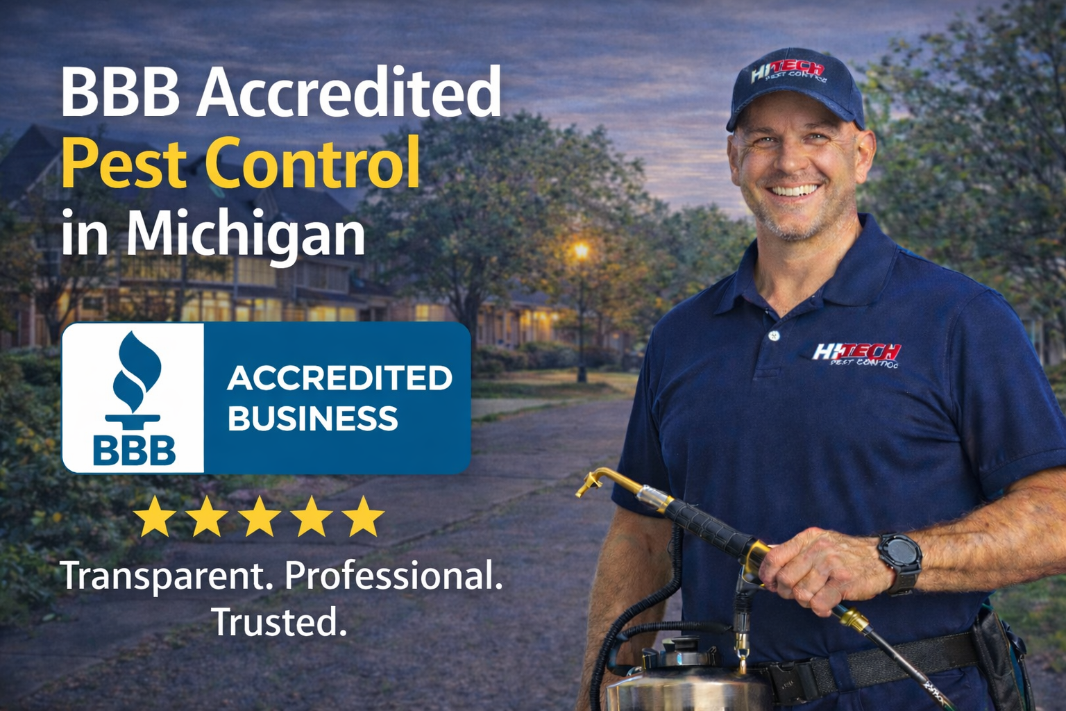 BBB Accredited pest control company in Michigan with uniformed Hi-Tech Pest Control technician
