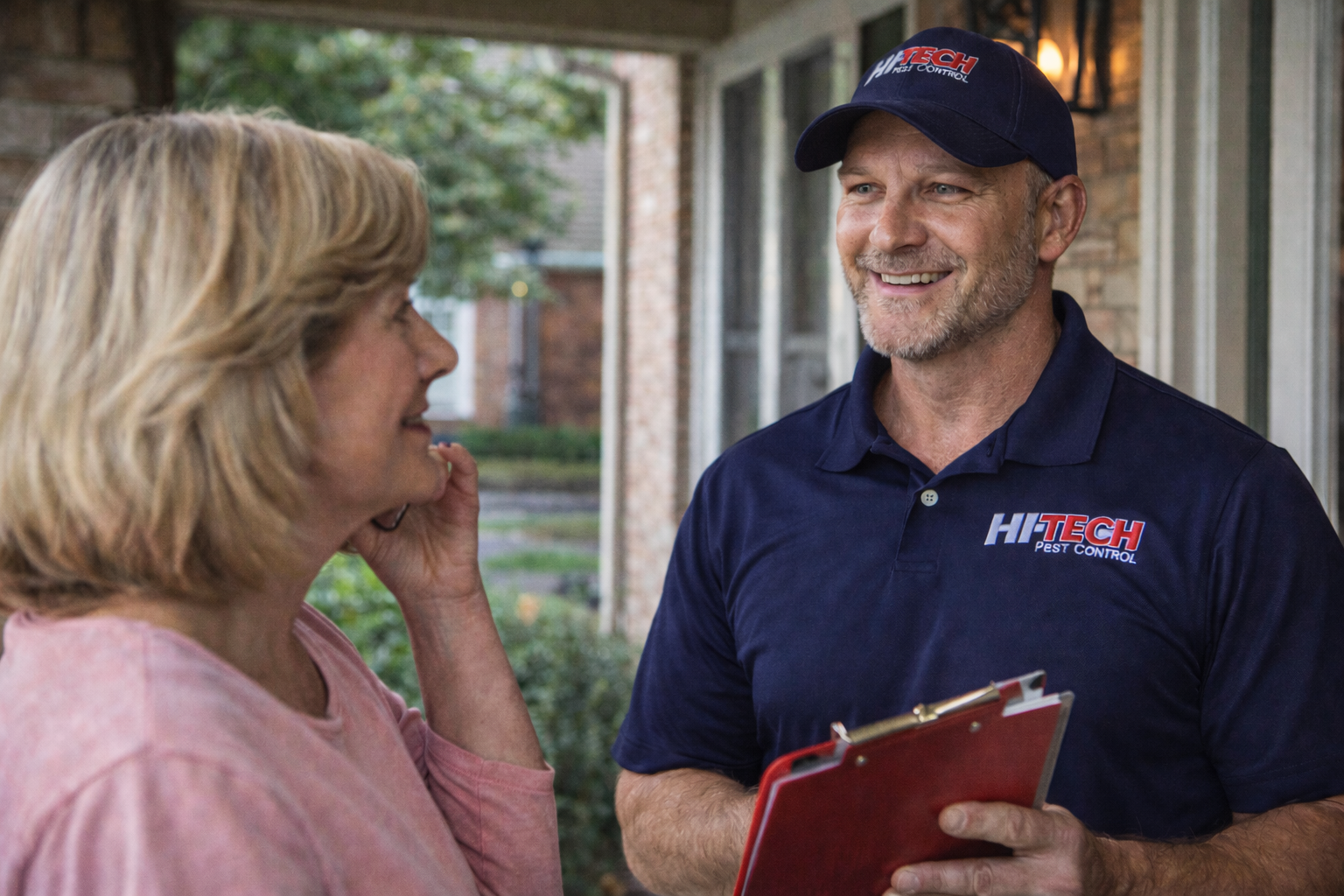 Hi-Tech Pest Control technician discussing bed bug treatment with a homeowner outside a suburban house