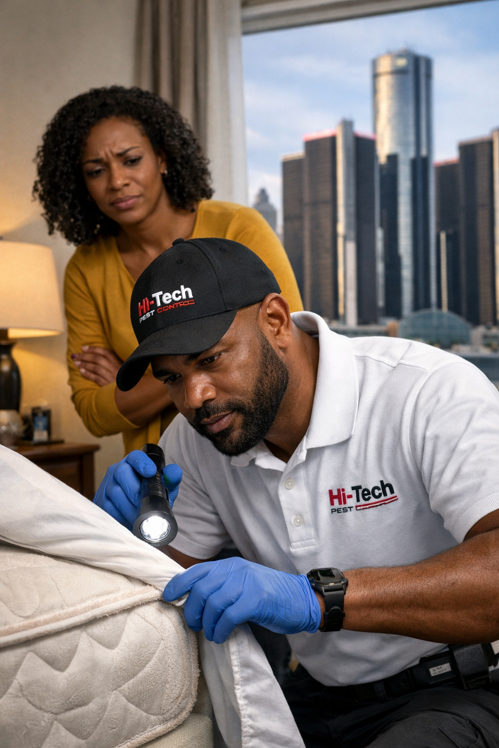 Pest control technician inspecting a mattress for bed bugs in a Detroit home