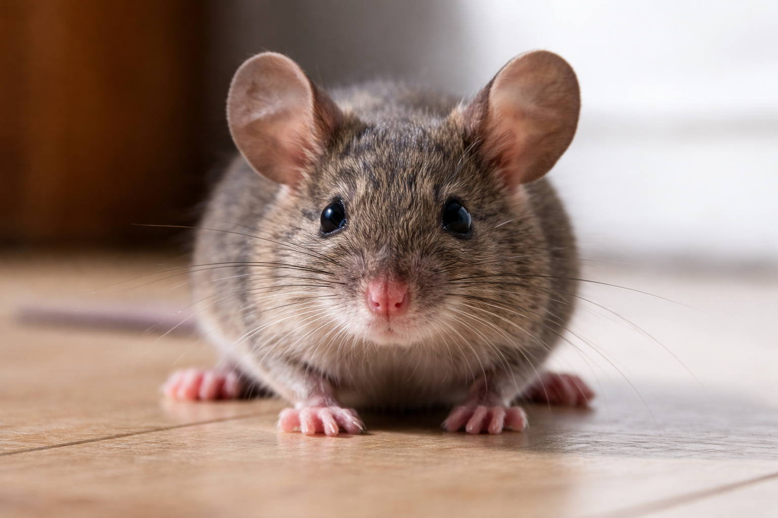 Close-up of a house mouse indoors on a hardwood floor