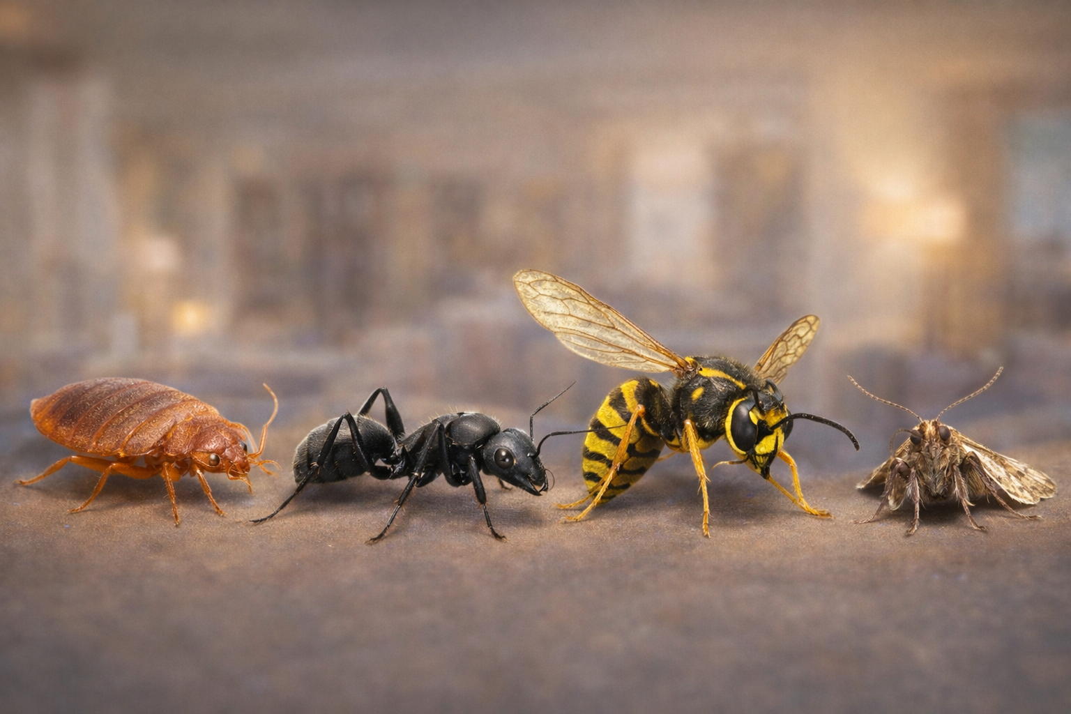 Common pests affecting group homes including bed bugs, carpenter ants, yellow jackets, and pantry moths