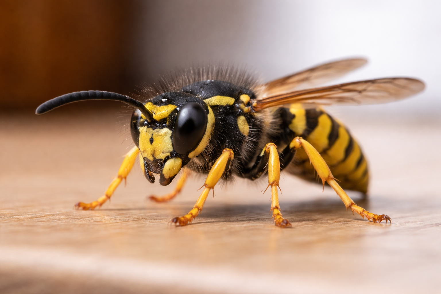 Close-up of a yellow jacket wasp on a wooden surface