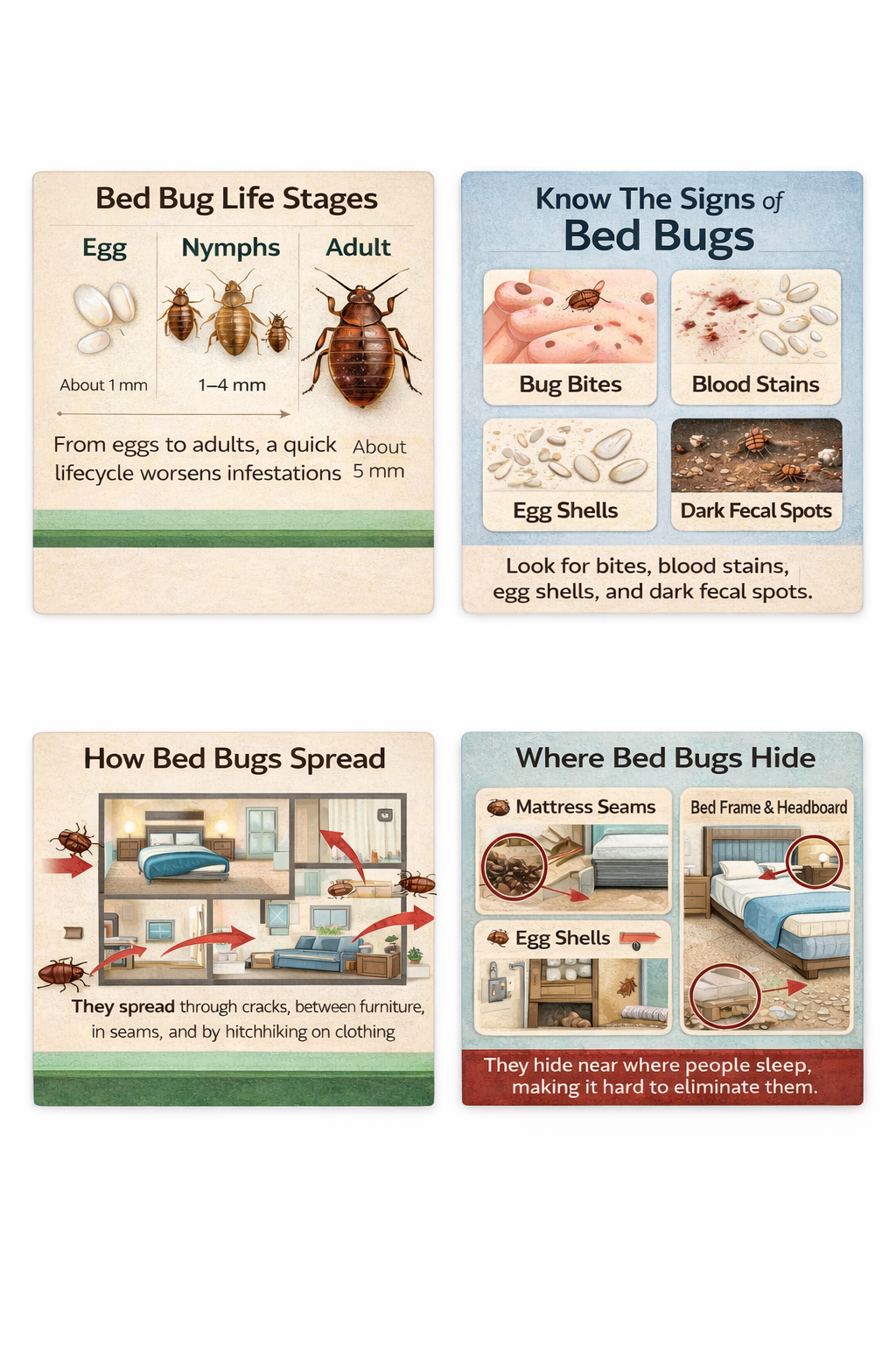 Infographic showing common bed bug hiding spots in Warren Michigan homes including mattress seams, bed frames, furniture edges, and carpet edges