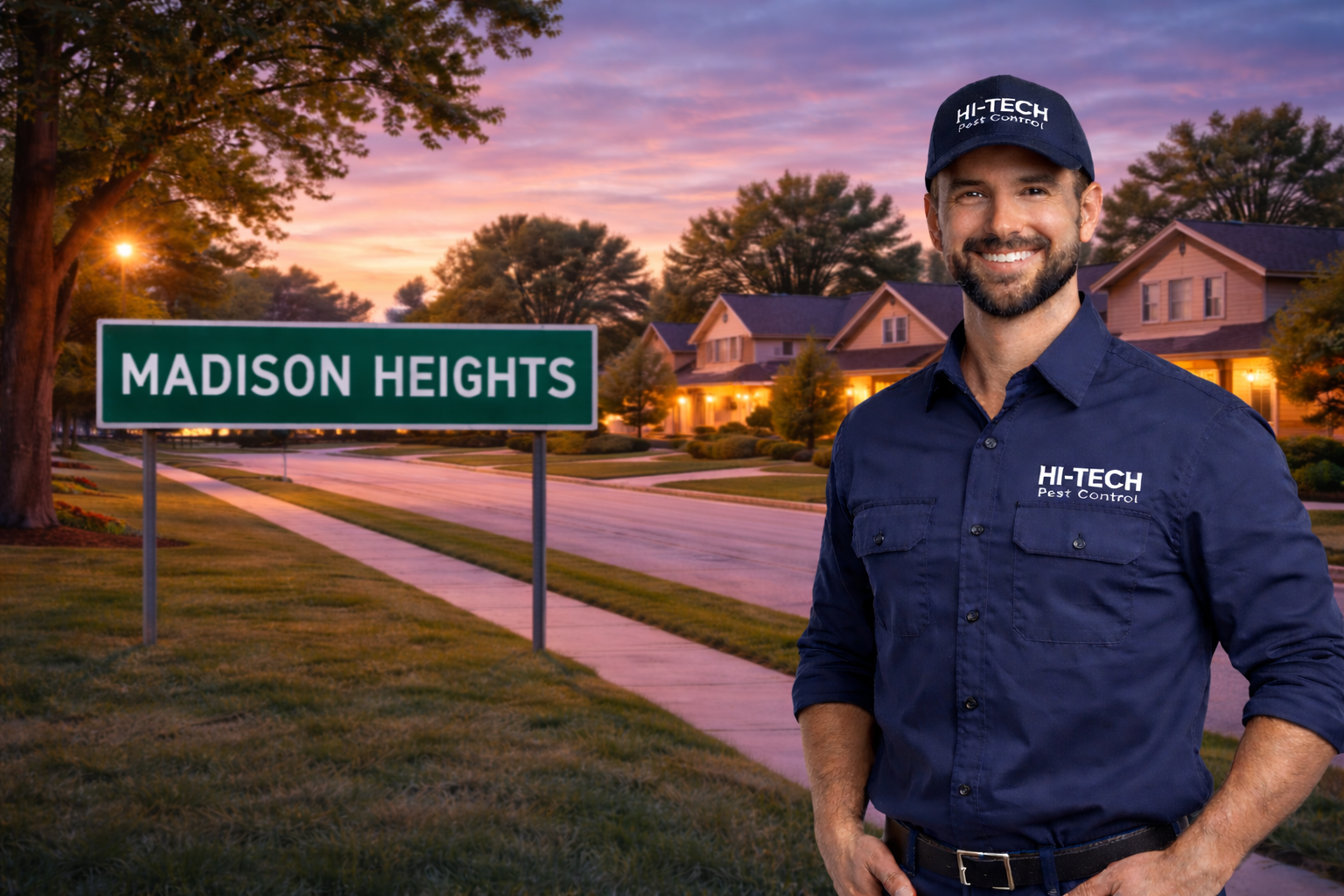 Pest control technician performing a bed bug inspection in a Madison Heights Michigan residential neighborhood