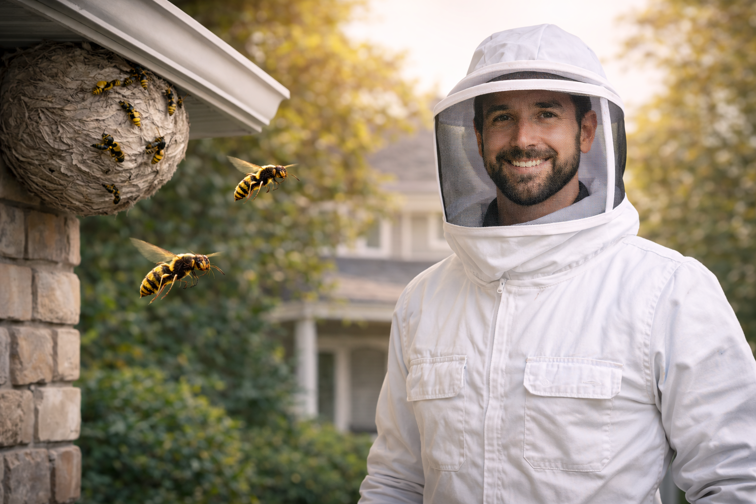 Professional pest control technician wearing a full protective bee suit preparing for safe yellow jacket and hornet nest removal.