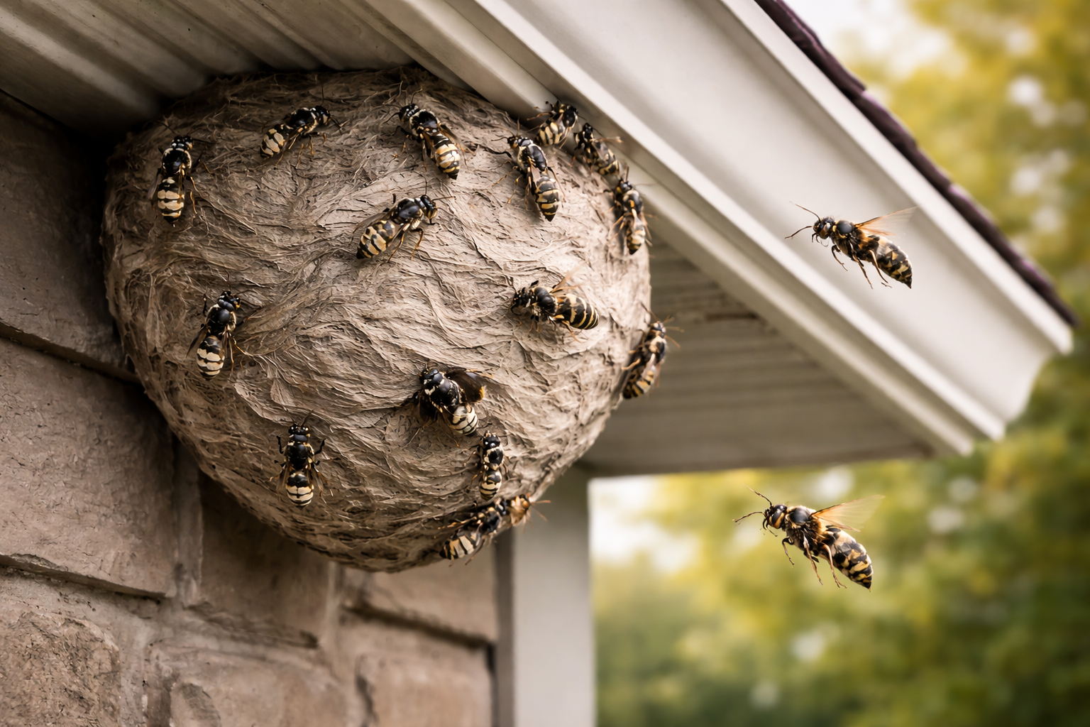 Active yellow jacket nest attached to a residential roof gutter