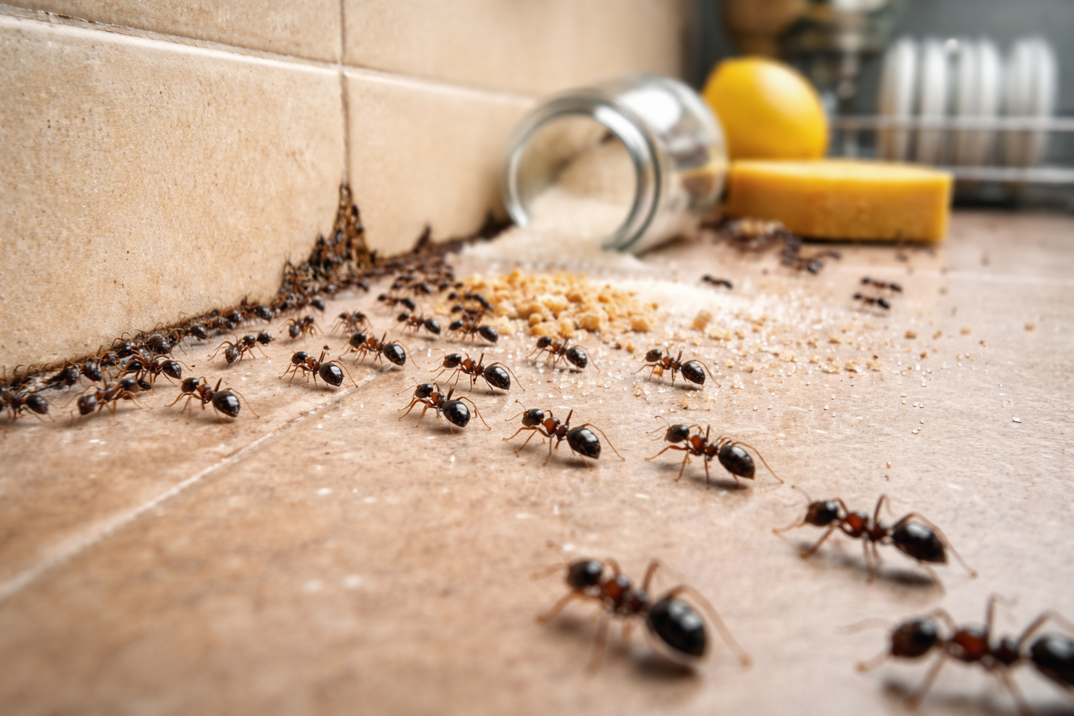 Ants on kitchen counter foraging for food