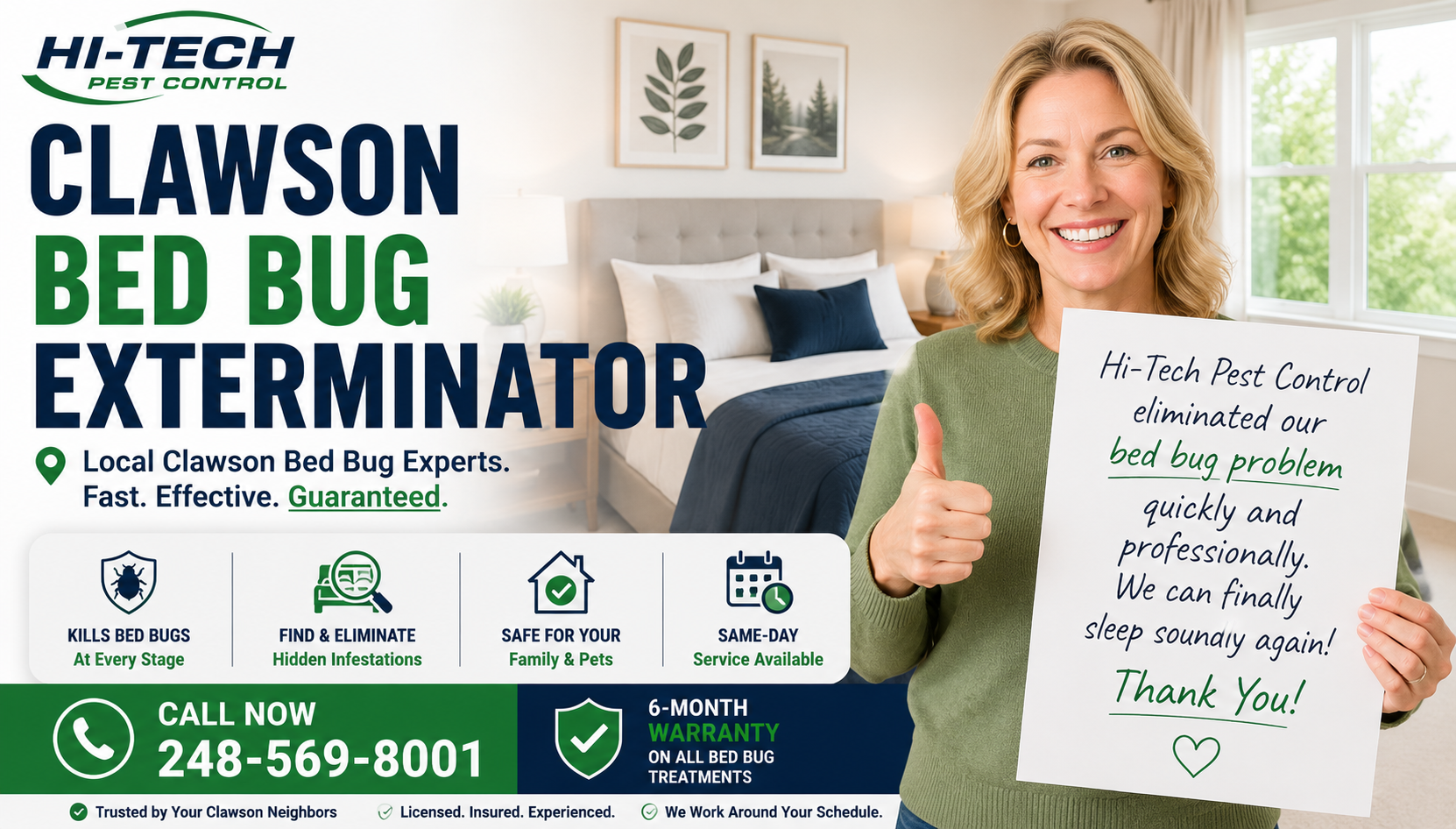 Clawson Michigan bed bug exterminator header image featuring satisfied homeowner after professional bed bug elimination service by Hi-Tech Pest Control in a bright clean bedroom with same-day local service and 6-month warranty.