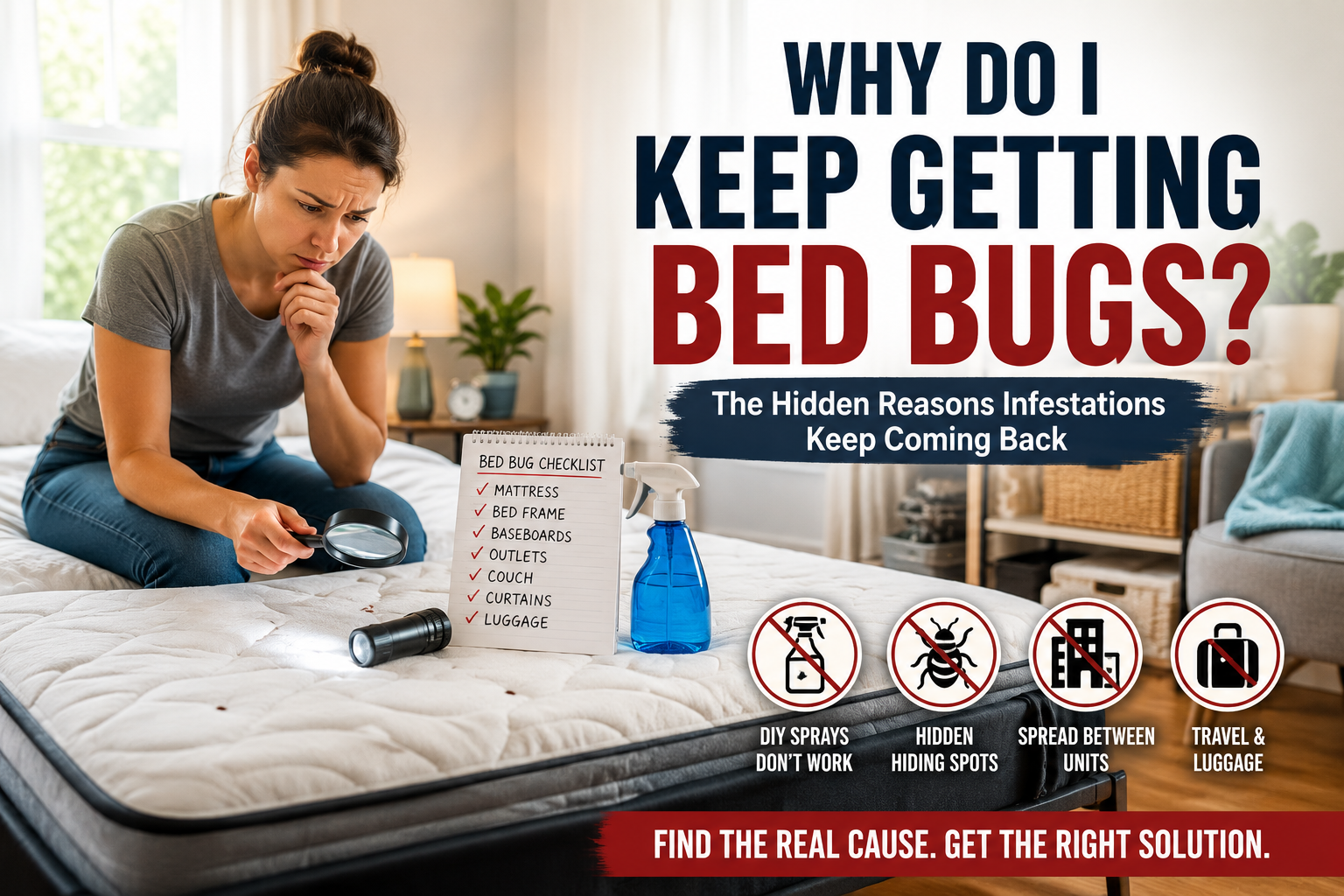 Worried homeowner inspecting mattress for recurring bed bugs in bright modern bedroom while using DIY spray products and searching for hidden bed bug infestation areas.