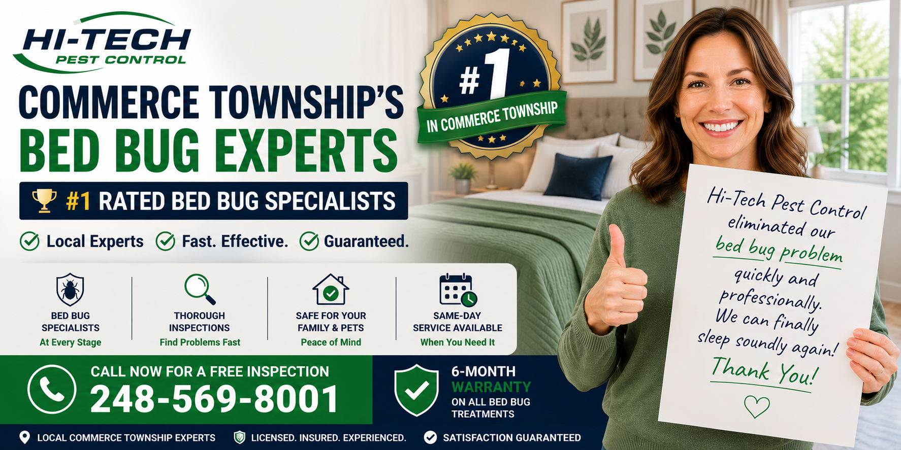 Happy Commerce Township Michigan homeowner holding a positive review sign after successful bed bug treatment by Hi-Tech Pest Control, featuring a clean modern bedroom, #1 rated local bed bug specialists, same-day service availability, 6-month warranty, and phone number 248-569-8001.