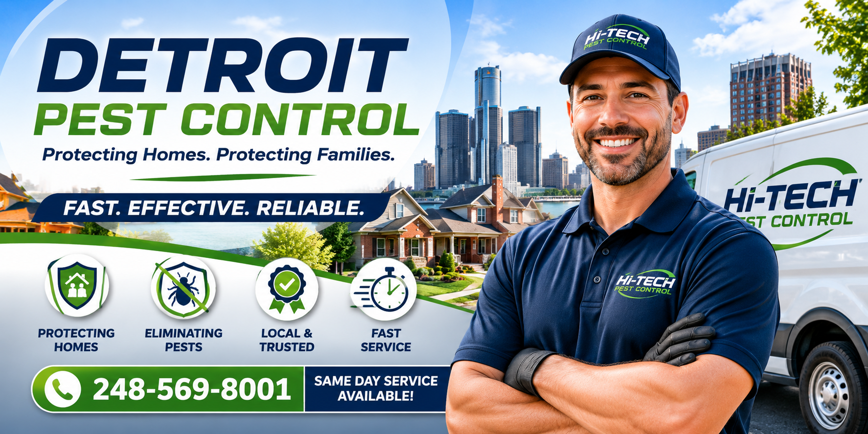 Professional Detroit Michigan pest control banner by Hi-Tech Pest Control featuring a smiling technician in uniform inside a modern home with Detroit skyline background, promoting fast and reliable pest control services with phone number 248-569-8001.
