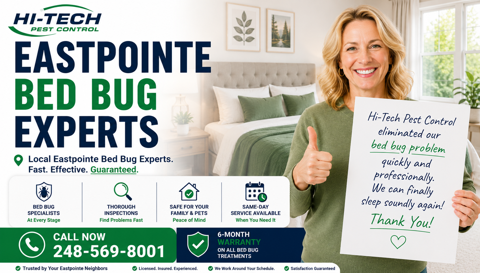Happy Eastpointe Michigan homeowner holding a positive review sign after successful bed bug treatment by Hi-Tech Pest Control, featuring a clean bedroom, local bed bug extermination services, same-day service availability, and phone number 248-569-8001.