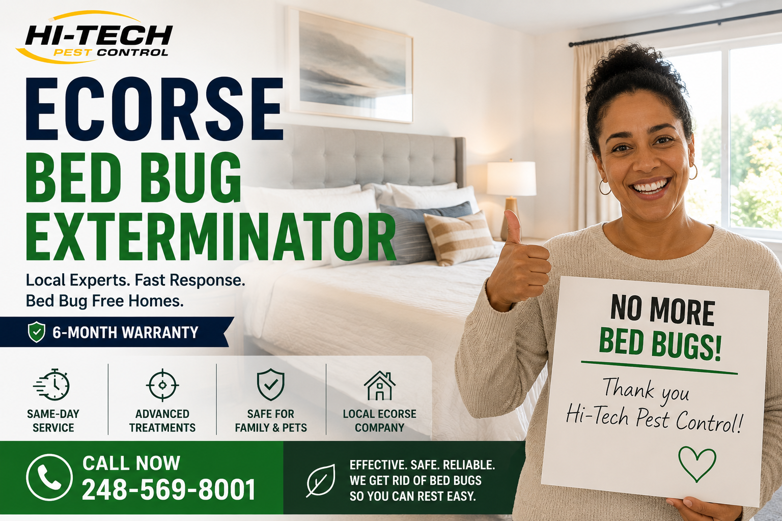 Ecorse Michigan bed bug exterminator header image featuring satisfied homeowner after professional bed bug elimination service by Hi-Tech Pest Control in a bright clean bedroom setting.