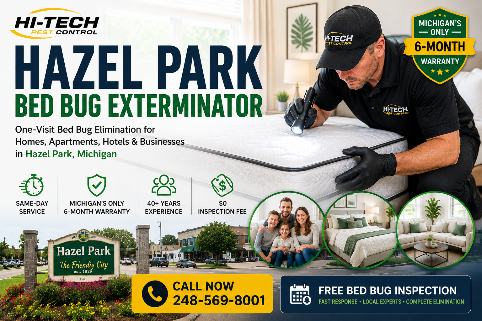 Hi-Tech Pest Control bed bug technician inspecting bed in Hazel Park Michigan