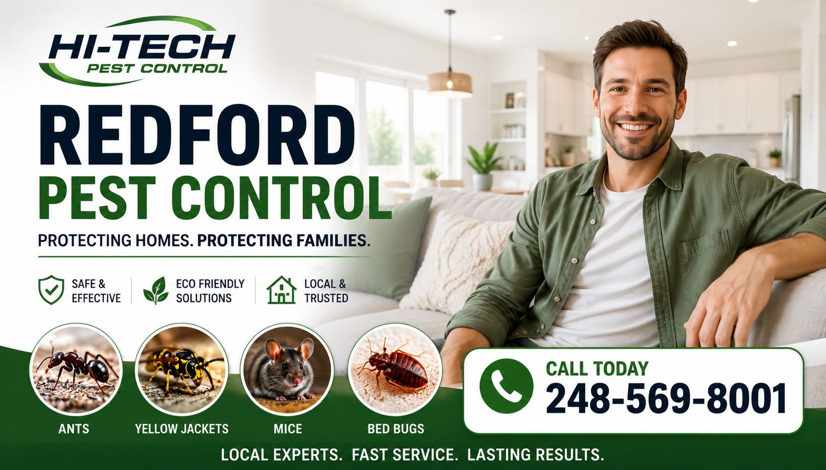 Professional Redford Michigan pest control banner by Hi-Tech Pest Control featuring a smiling homeowner relaxing in a clean modern living room, realistic close-up images of ants, yellow jackets, mice, and bed bugs, eco-friendly pest control messaging, and phone number 248-569-8001.