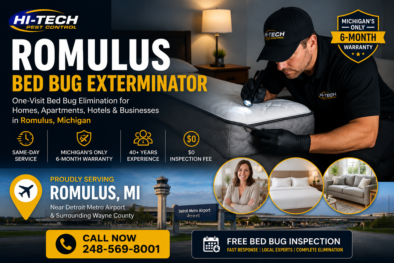 Hi-Tech Pest Control technician performing bed bug inspection in Romulus Michigan home near Detroit Metro Airport