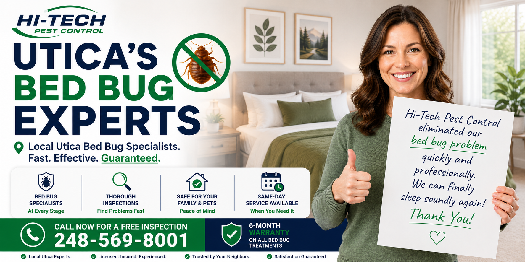 Smiling Utica Michigan homeowner giving a thumbs up after successful bed bug treatment by Hi-Tech Pest Control, featuring a clean bedroom, guaranteed bed bug extermination service, same-day inspections, and phone number 248-569-8001.