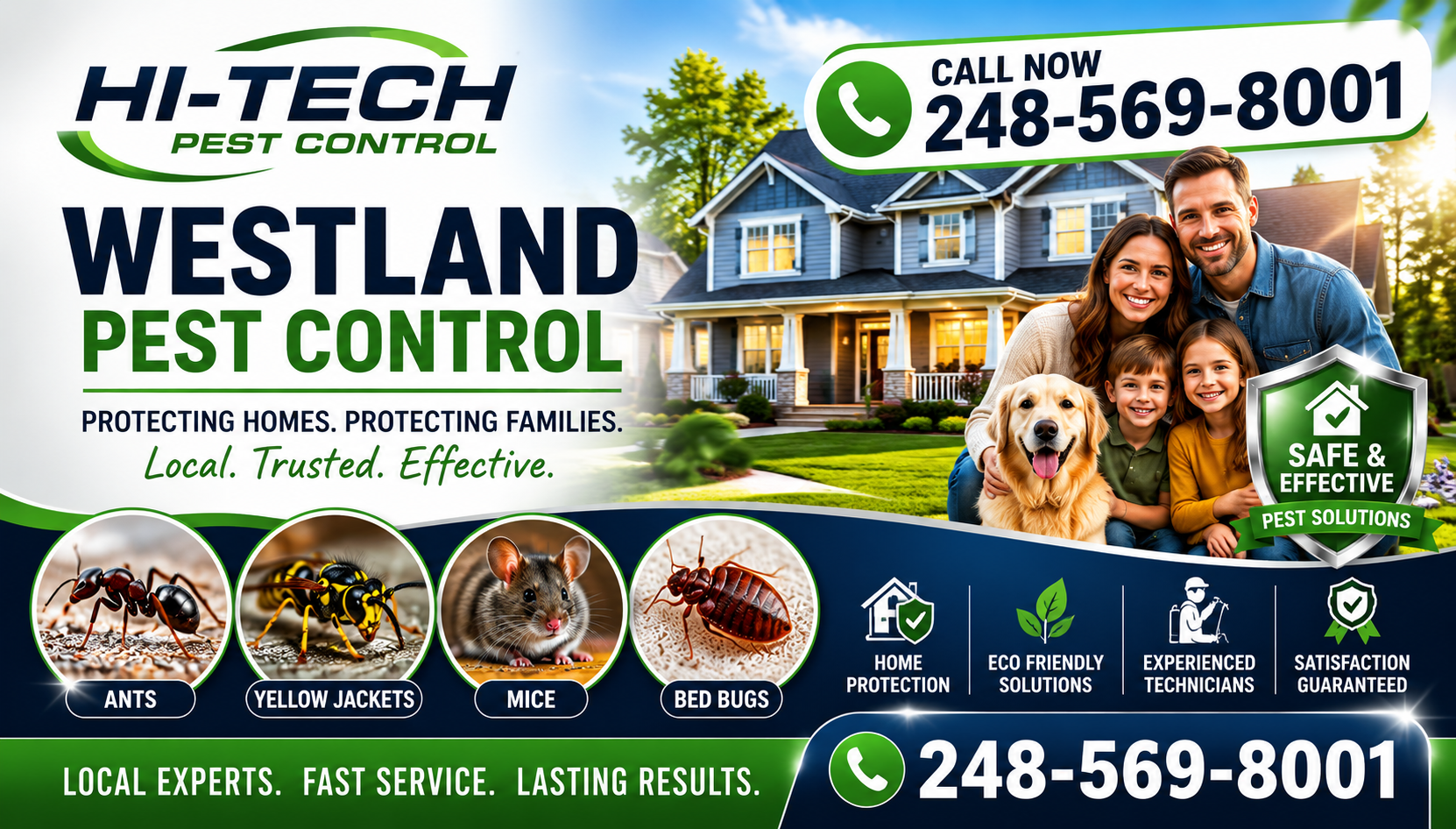 Professional Westland Michigan pest control banner by Hi-Tech Pest Control featuring a modern suburban home, realistic close-up images of ants, yellow jackets, mice, and bed bugs, safe and effective pest control messaging, and phone number 248-569-8001.