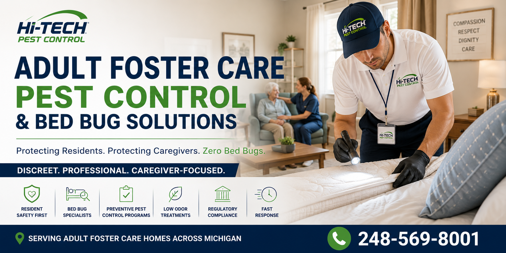 Adult foster care pest control and bed bug management banner featuring a Hi-Tech Pest Control technician performing a discreet bed bug inspection in a clean residential care home while caregivers and residents enjoy a comfortable environment, highlighting resident safety, caregiver support, preventive pest control programs, low-odor treatments, and professional bed bug elimination services with the phone number 248-569-8001.