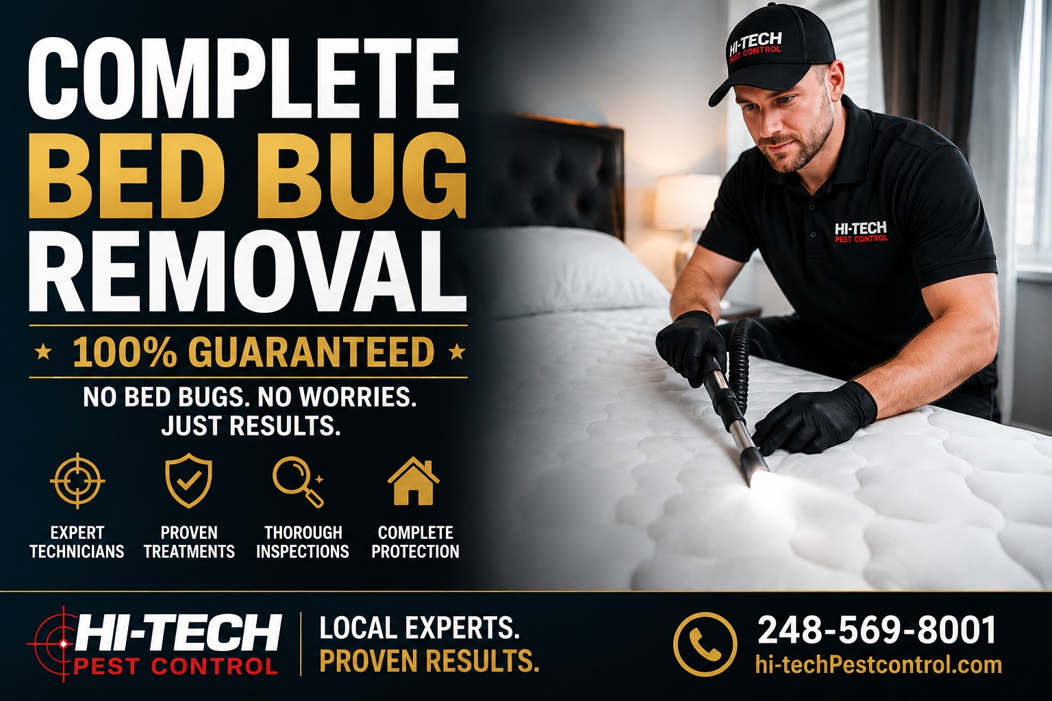 Hi-Tech Pest Control technician performing a professional bed bug treatment on a mattress in a clean bedroom with bold text reading Complete Bed Bug Removal and 100% Guaranteed, featuring expert bed bug extermination services and contact information.