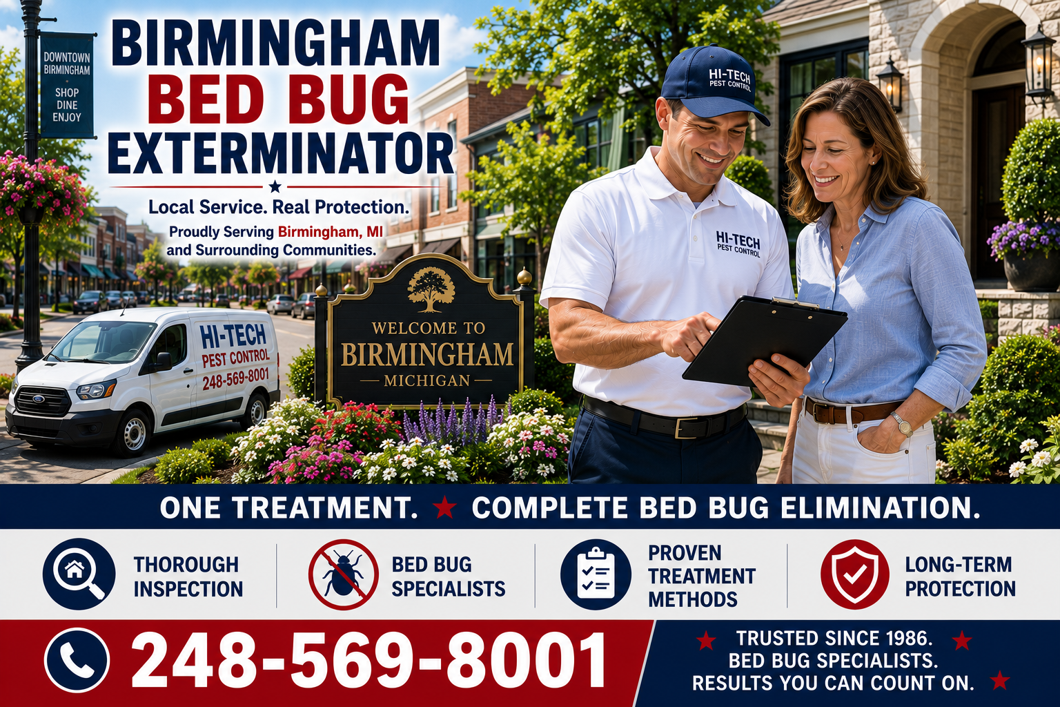 Birmingham bed bug exterminator consulting with a homeowner outside an upscale Birmingham Michigan residence near downtown Birmingham, providing one-treatment bed bug elimination, inspections, and long-term protection by Hi-Tech Pest Control.