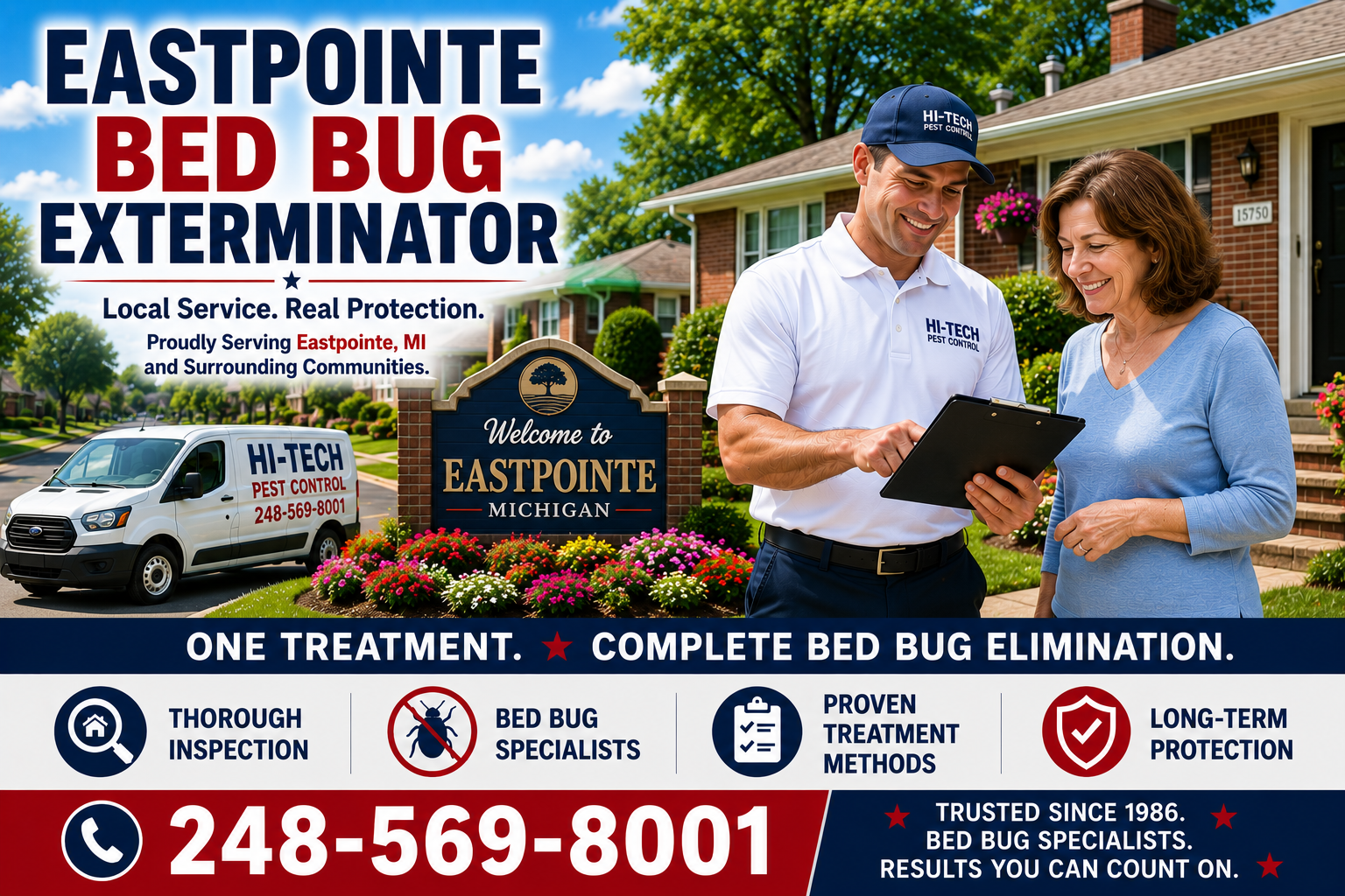 Eastpointe bed bug exterminator consulting with a homeowner near a Welcome to Eastpointe sign and residential neighborhood in Eastpointe Michigan, providing one-treatment bed bug elimination, inspections, and long-term protection by Hi-Tech Pest Control.