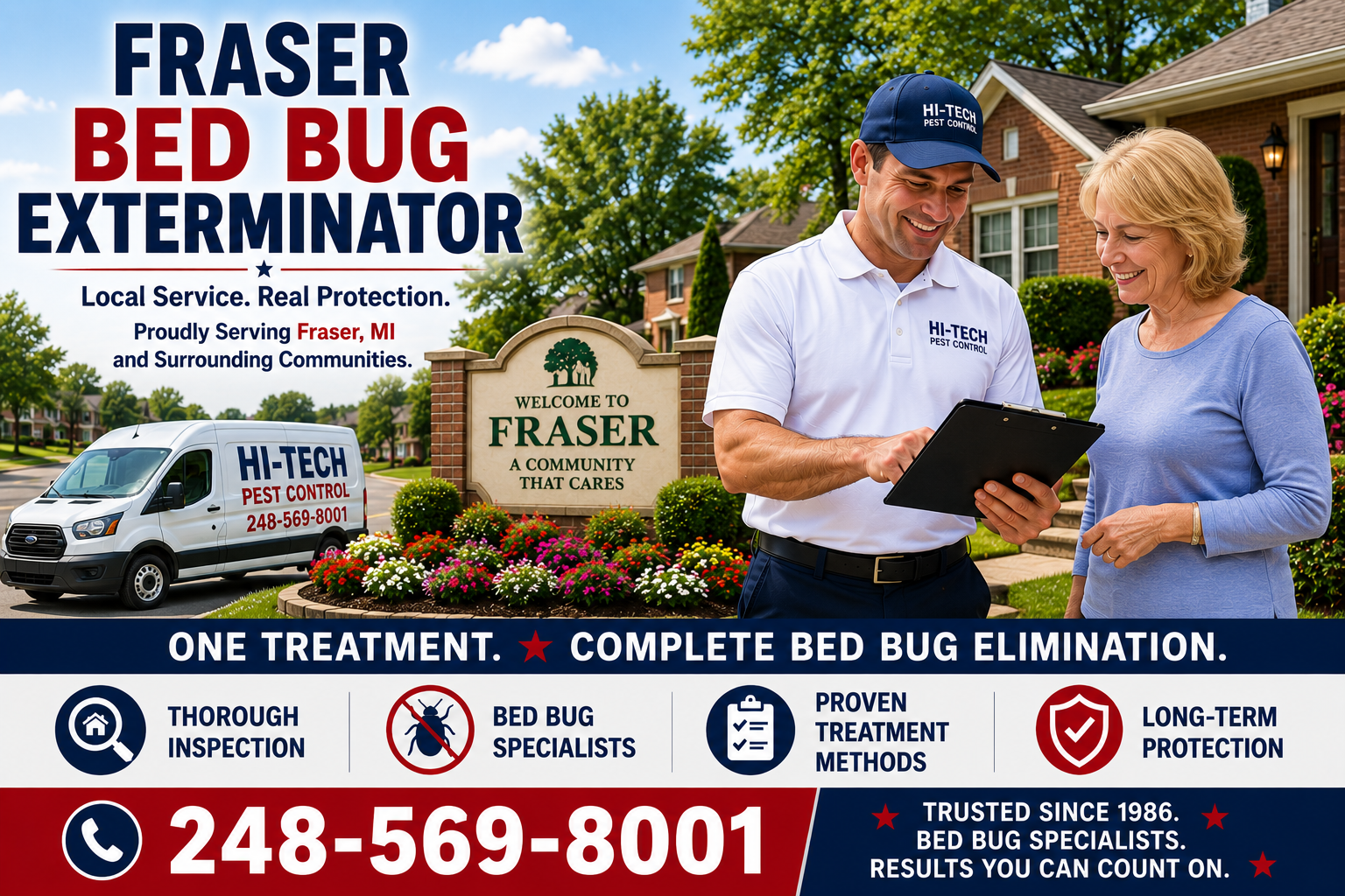 Fraser bed bug exterminator consulting with a homeowner near a Welcome to Fraser sign and residential neighborhood in Fraser Michigan, providing one-treatment bed bug elimination, inspections, and long-term protection by Hi-Tech Pest Control.