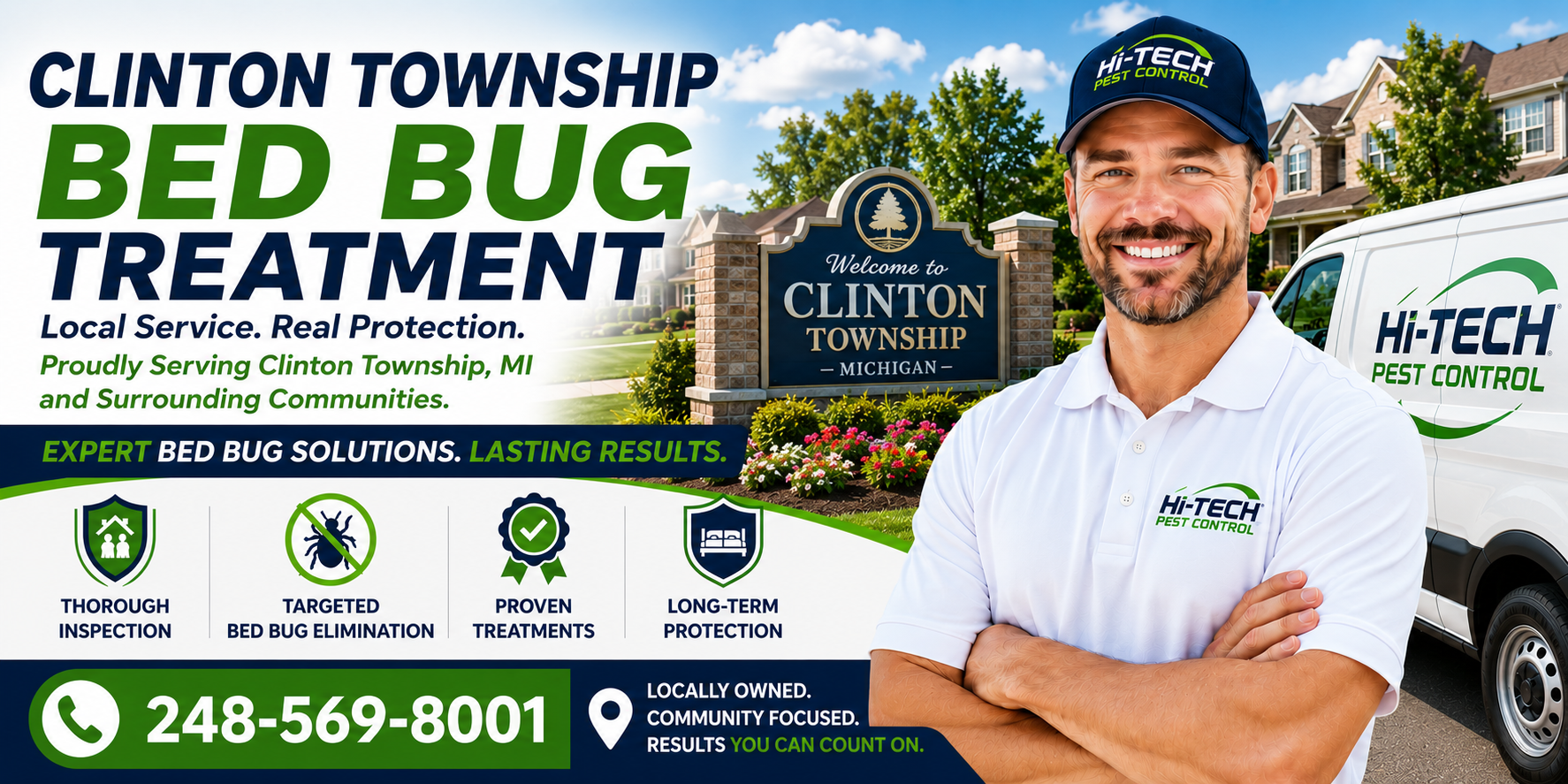 Clinton Township Michigan bed bug treatment banner featuring a Hi-Tech Pest Control technician standing beside a branded service van near a Clinton Township welcome sign, promoting expert bed bug inspections, targeted elimination, proven treatments, and long-term protection with the phone number 248-569-8001.