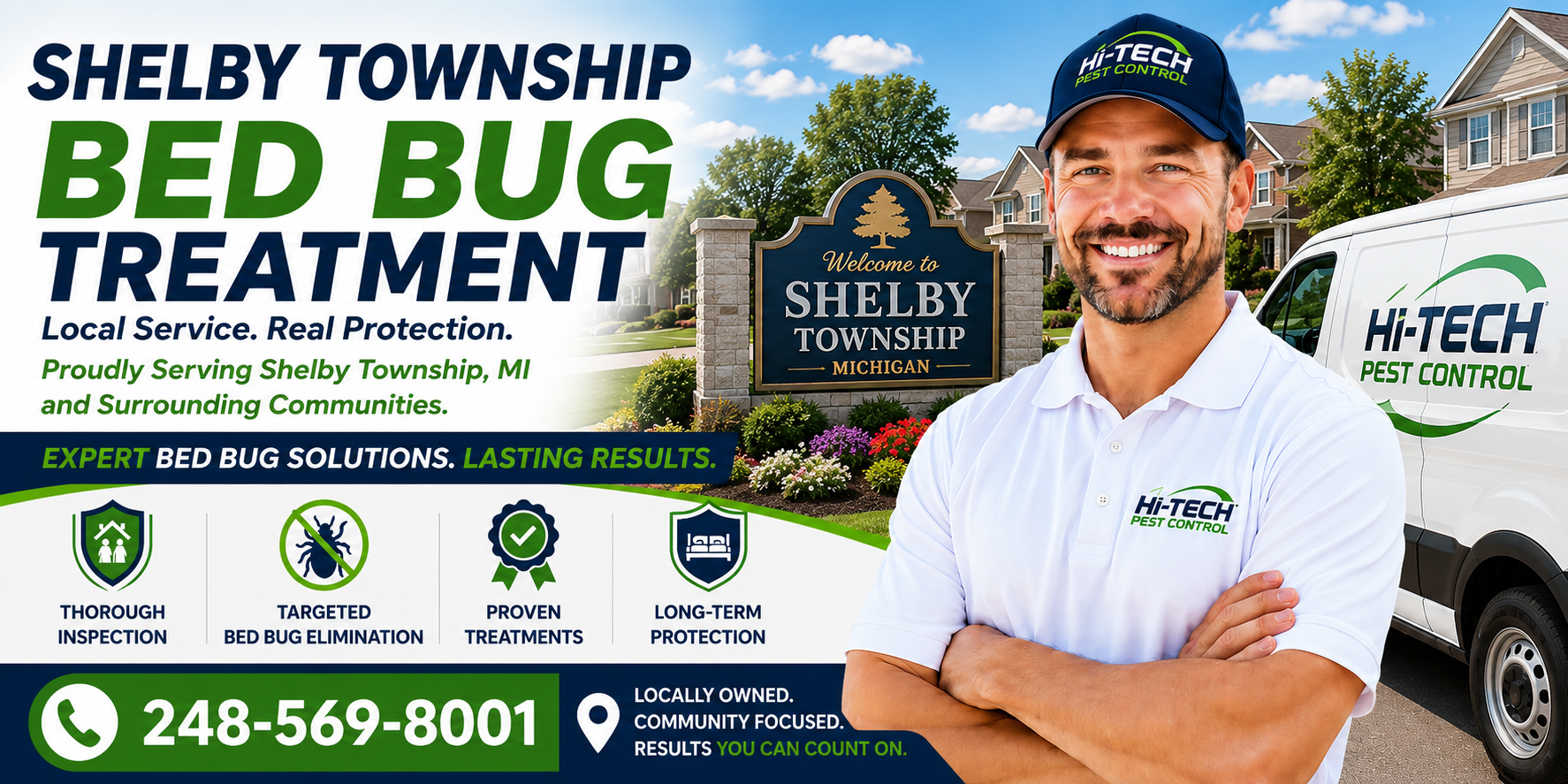 Shelby Township Michigan bed bug treatment banner featuring a Hi-Tech Pest Control technician standing beside a branded service van near a Shelby Township welcome sign in an upscale residential neighborhood. The image highlights professional bed bug inspections, targeted bed bug elimination, proven treatment methods, long-term protection, and expert bed bug extermination services with the phone number 248-569-8001.