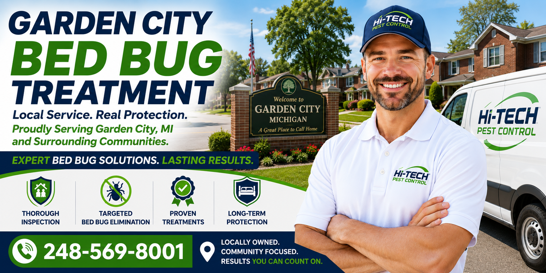 Garden City Michigan bed bug treatment banner featuring a Hi-Tech Pest Control technician standing beside a branded service van in a residential Garden City neighborhood, promoting expert bed bug inspections, targeted elimination, proven treatments, and long-term protection with the phone number 248-569-8001.