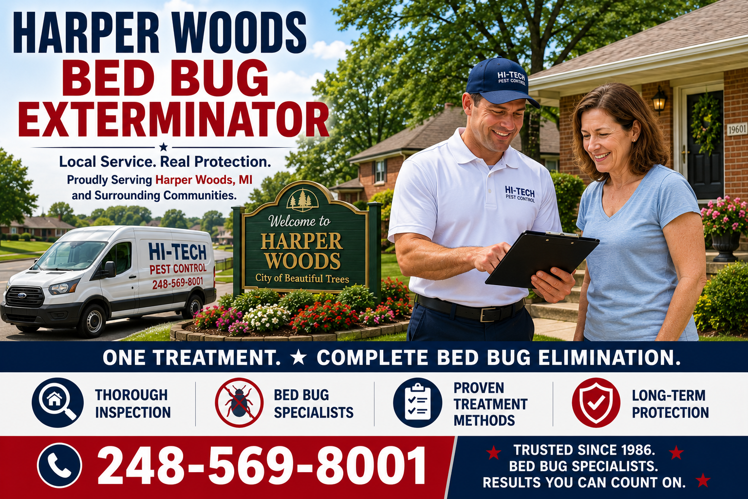 Harper Woods bed bug exterminator consulting with a homeowner outside a Harper Woods Michigan residence, providing one-treatment bed bug elimination, professional inspections, and long-term protection by Hi-Tech Pest Control.