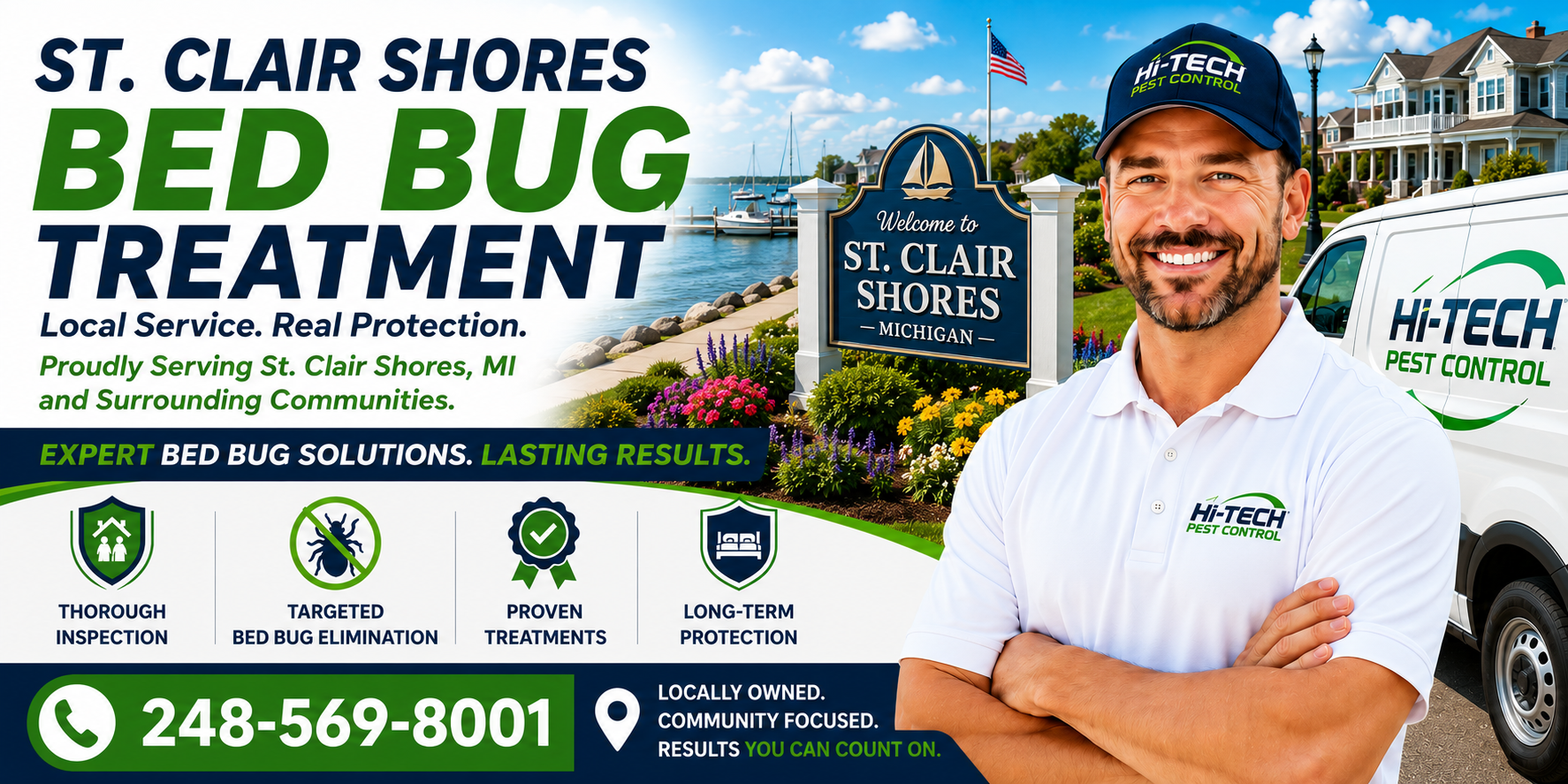 St. Clair Shores Michigan bed bug treatment banner featuring a Hi-Tech Pest Control technician standing beside a branded service van near Lake St. Clair and a St. Clair Shores welcome sign, promoting thorough bed bug inspections, targeted bed bug elimination, proven treatment methods, and long-term protection with the phone number 248-569-8001.