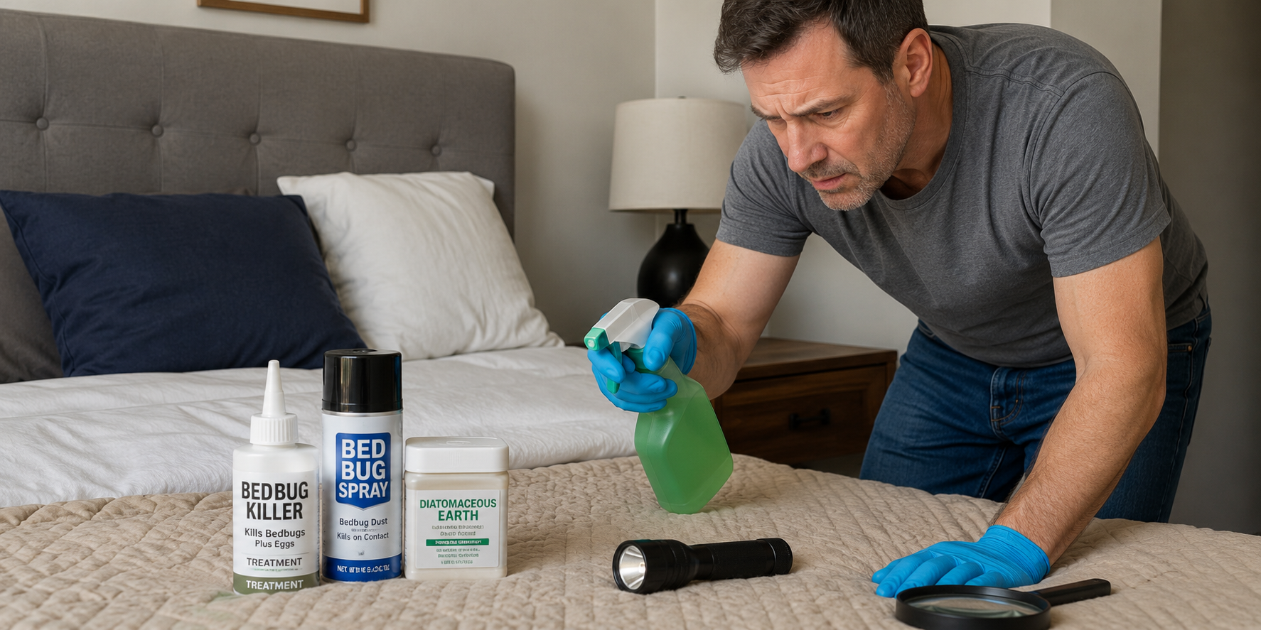 Southgate homeowner attempting to eliminate bed bugs using over-the-counter sprays, dusts, and general-use products while inspecting a bed with a flashlight in a bedroom, illustrating common do-it-yourself bed bug treatment methods that often fail to eliminate an infestation completely.