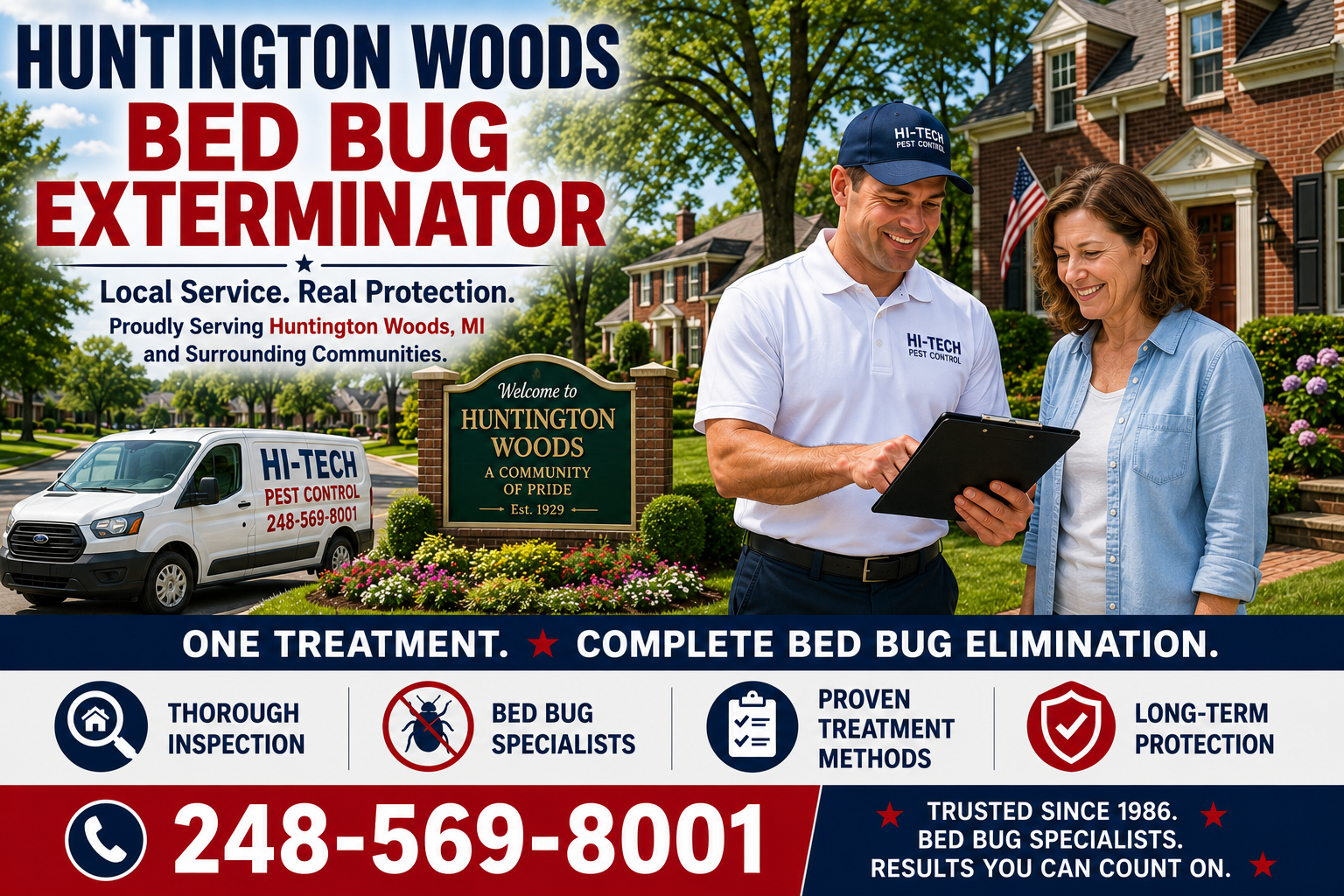 Huntington Woods bed bug exterminator consulting with a homeowner outside a beautiful brick home in Huntington Woods, Michigan, providing one-treatment bed bug elimination, inspections, and long-term protection by Hi-Tech Pest Control.