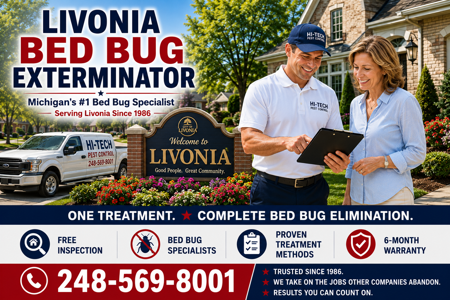 Livonia bed bug exterminator consulting with a homeowner outside a Livonia Michigan residence near a Livonia welcome sign, providing one-treatment bed bug elimination, free inspections, and a 6-month warranty by Hi-Tech Pest Control.