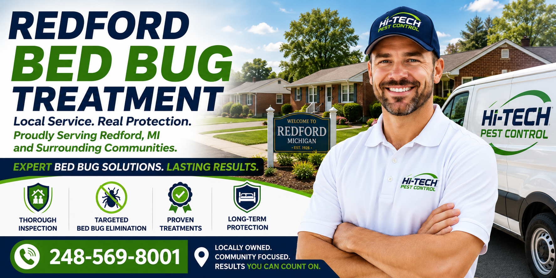 Redford Michigan bed bug treatment banner featuring a Hi-Tech Pest Control technician standing beside a branded service van in a residential Redford neighborhood near a city welcome sign, promoting expert bed bug inspections, targeted bed bug elimination, proven treatments, long-term protection, and local bed bug extermination services with the phone number 248-569-8001.