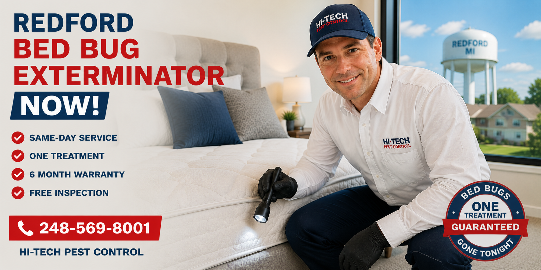 Friendly Hi-Tech Pest Control technician inspecting a mattress for bed bugs in a Redford, Michigan home with same-day bed bug extermination, one-treatment service, free inspection, and a 6-month warranty.
