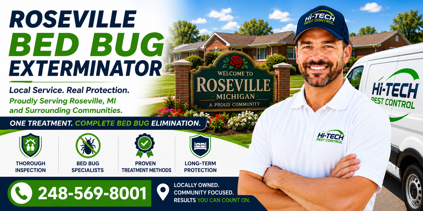 Roseville Michigan bed bug exterminator banner featuring a Hi-Tech Pest Control technician standing beside a branded service van near a Roseville welcome sign in a residential neighborhood. The image promotes professional bed bug inspections, complete bed bug elimination, proven treatment methods, long-term protection, and expert bed bug extermination services with the phone number 248-569-8001.