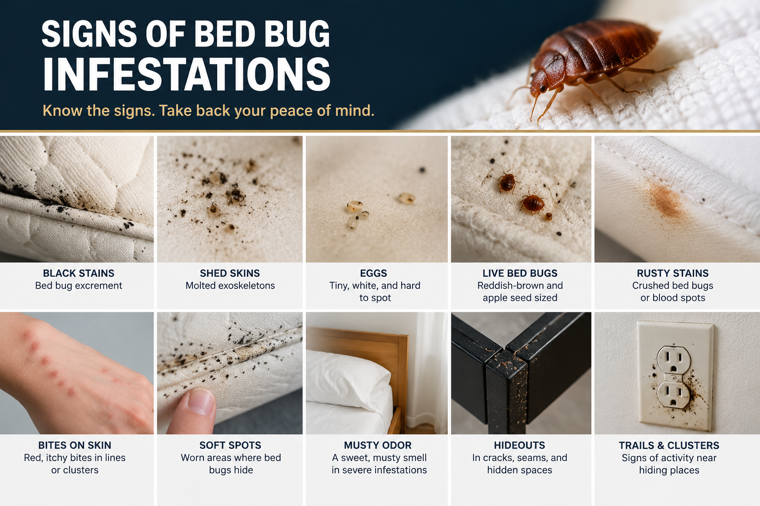 Signs of a bed bug infestation shown in a realistic photo collage featuring live bed bugs, black fecal spots on mattress seams, shed skins, bed bug eggs, rusty blood stains, bite patterns on skin, bed frame hiding areas, electrical outlet harborages, and other common indicators of bed bug activity in a bedroom.