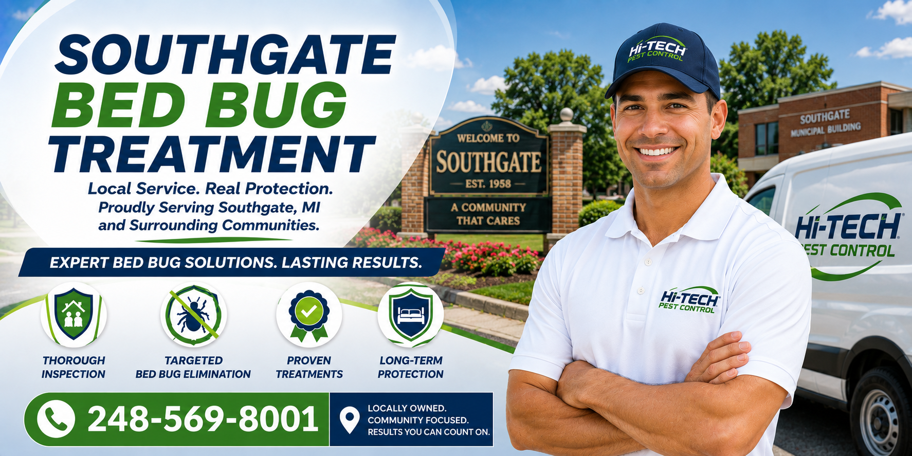 Southgate bed bug treatment service banner featuring a smiling Hi-Tech Pest Control technician standing beside a branded service van near the Southgate welcome sign and municipal building, promoting expert bed bug extermination, thorough inspections, proven treatments, and long-term protection in Southgate, Michigan with the phone number 248-569-8001.
