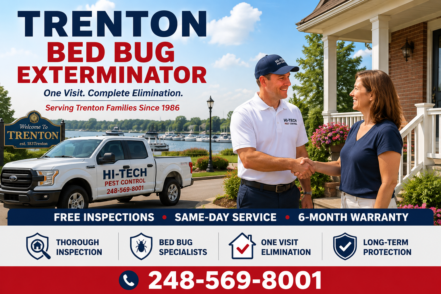 Trenton Michigan bed bug exterminator banner featuring a Hi-Tech Pest Control technician speaking with a relieved homeowner outside a Trenton residence near the Detroit River, promoting one-visit bed bug elimination, free inspections, same-day service, and a 6-month warranty with the phone number 248-569-8001.