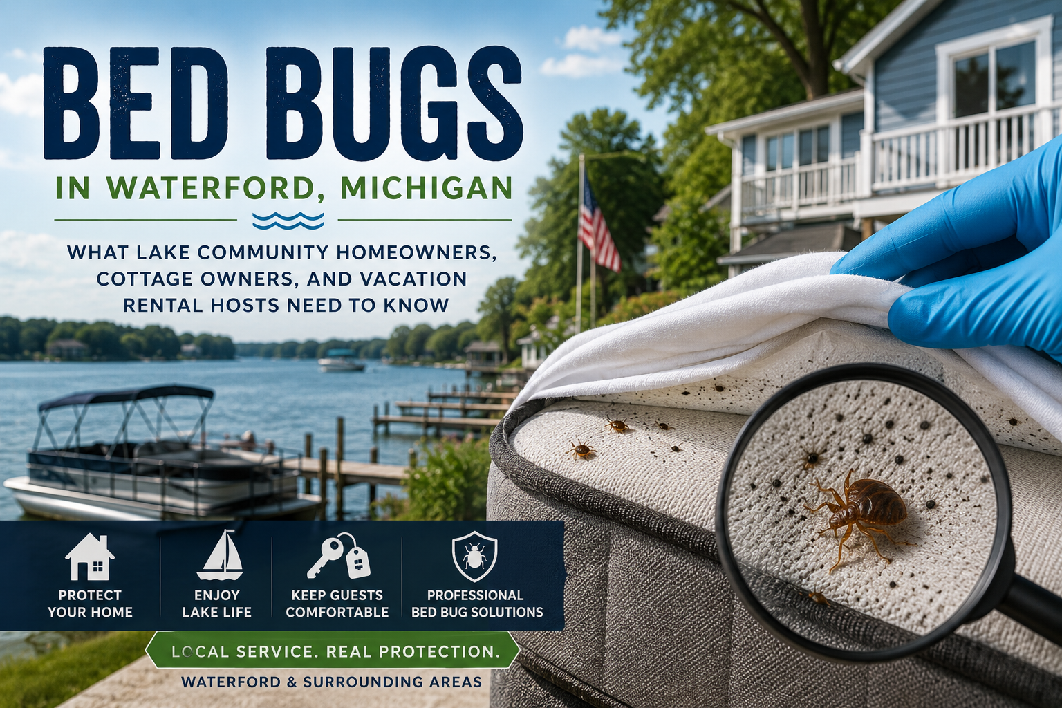 Waterford Michigan lakefront home and cottage community with a bed bug inspection in progress, highlighting what homeowners, vacation rental hosts, and cottage owners need to know about preventing and identifying bed bug infestations in waterfront properties throughout Waterford and surrounding areas.