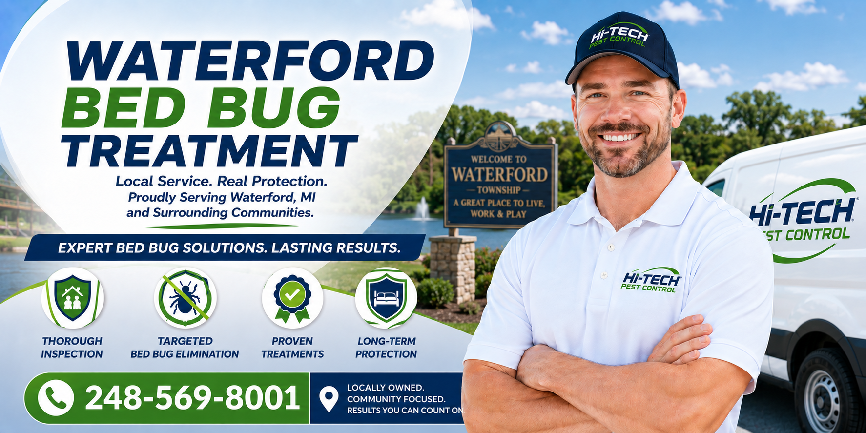 Waterford bed bug treatment service banner featuring a smiling Hi-Tech Pest Control technician standing beside a branded service van near the Waterford Township sign and lakeside scenery, promoting expert bed bug extermination, thorough inspections, proven treatments, and long-term protection in Waterford, Michigan with the phone number 248-569-8001.