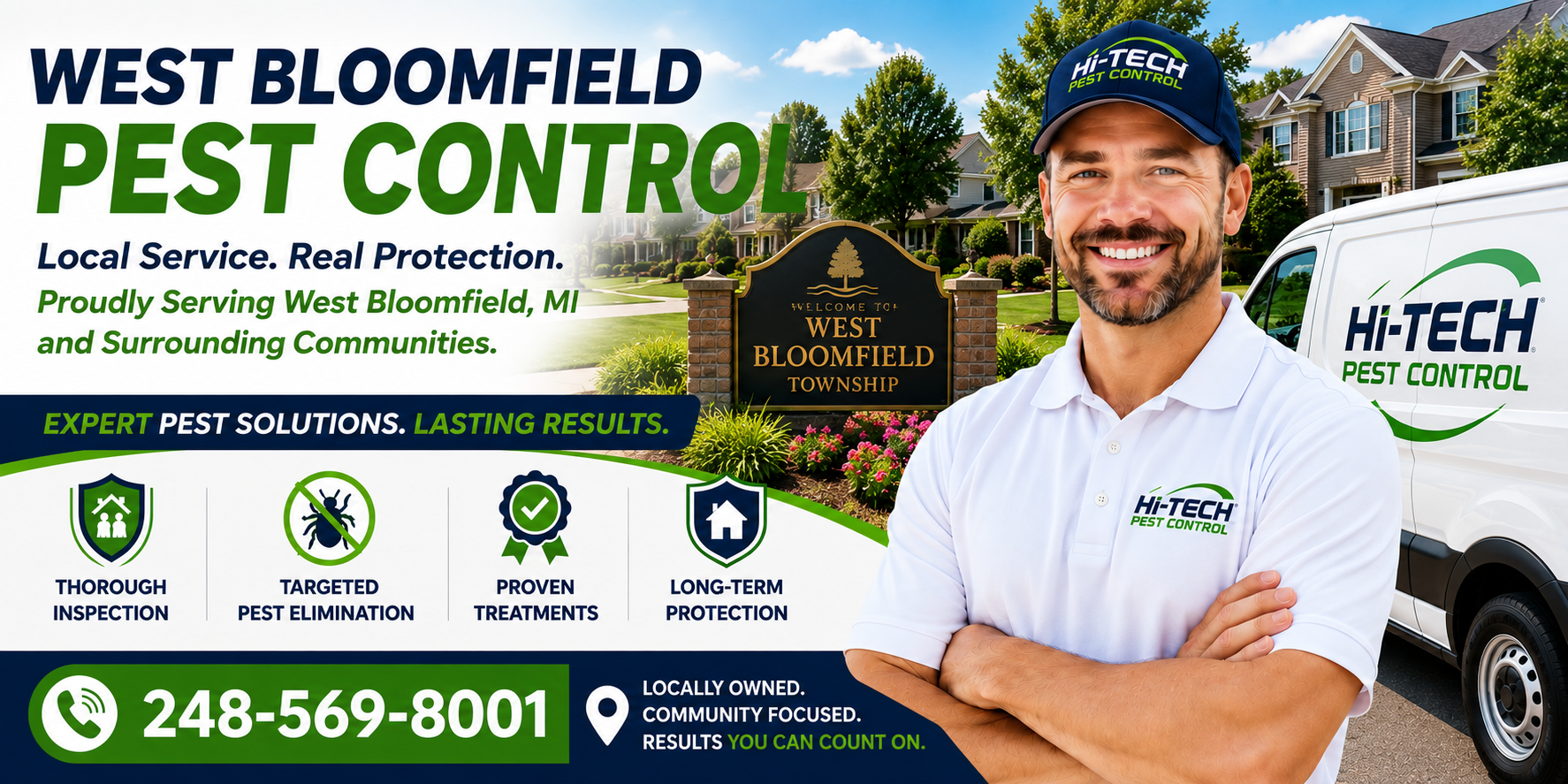 West Bloomfield Michigan pest control banner featuring a Hi-Tech Pest Control technician standing beside a branded service van in front of a West Bloomfield Township welcome sign and upscale residential neighborhood, promoting thorough inspections, targeted pest elimination, proven treatments, long-term protection, and professional pest control services with the phone number 248-569-8001.