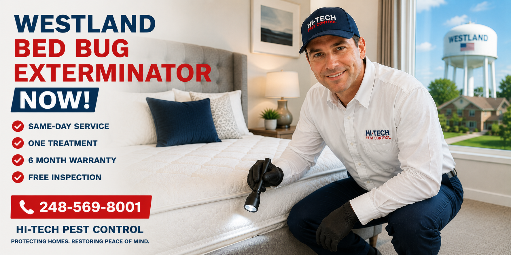 Friendly Hi-Tech Pest Control technician inspecting a mattress for bed bugs in a Westland, Michigan home with same-day bed bug extermination, one-treatment service, free inspection, and a 6-month warranty.