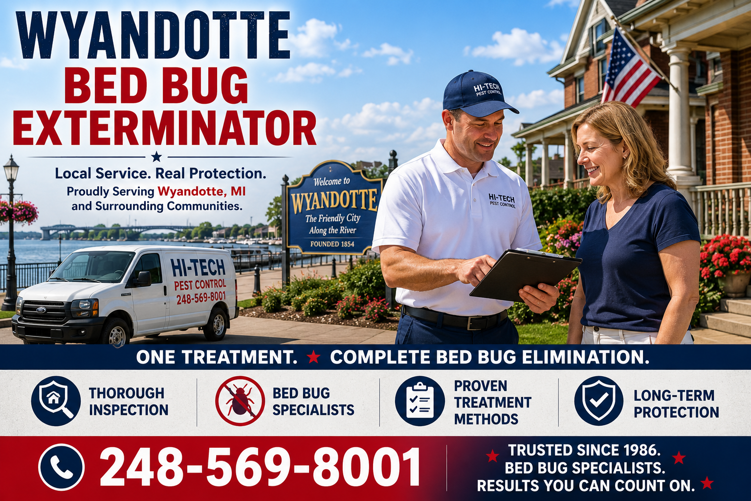 Wyandotte bed bug exterminator banner featuring a Hi-Tech Pest Control technician consulting with a homeowner near the Detroit River waterfront and Welcome to Wyandotte sign, promoting one-treatment bed bug elimination, free inspections, and long-term protection in Wyandotte, Michigan.