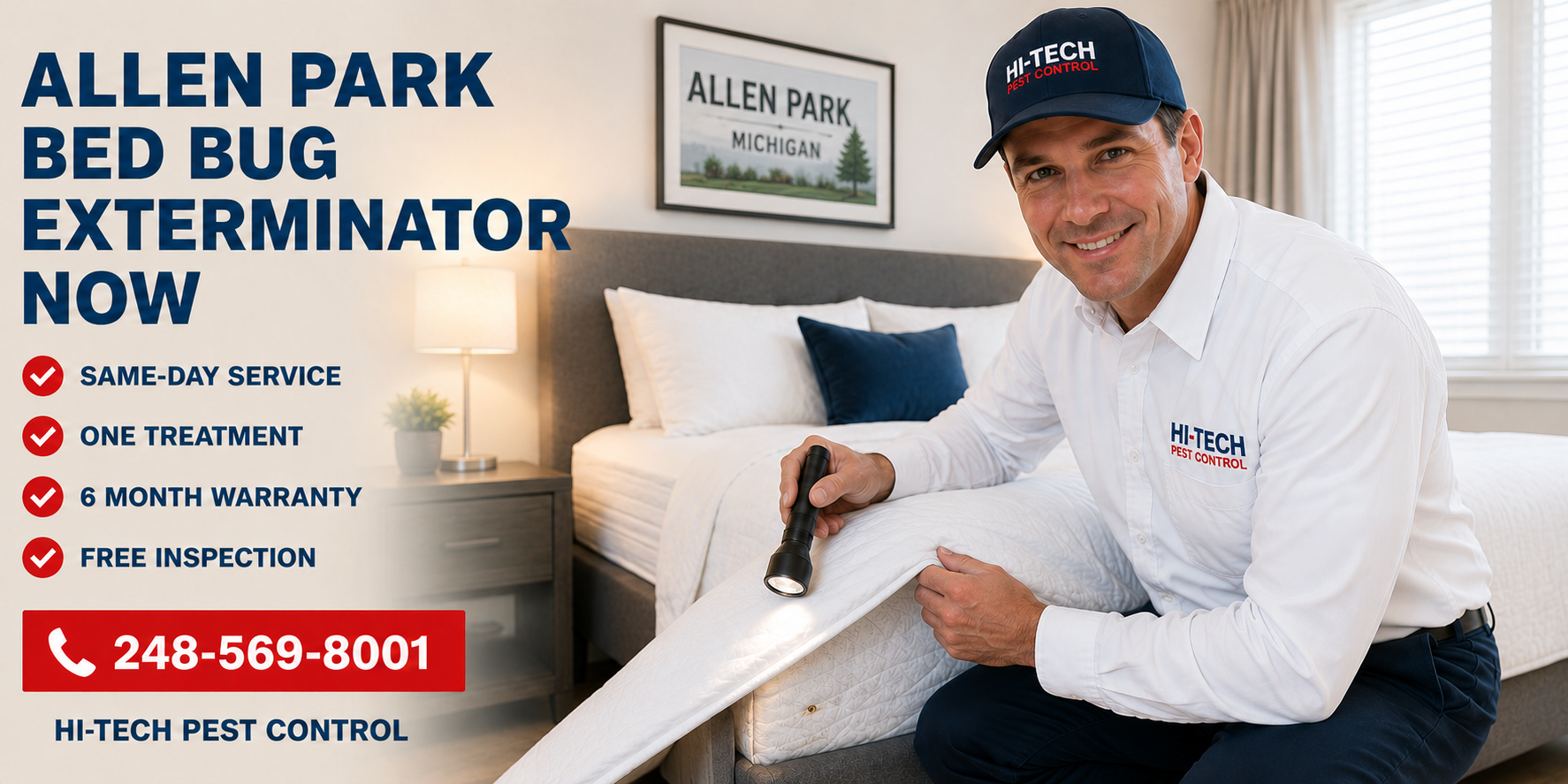 Hi-Tech Pest Control technician performing a professional bed bug inspection in an Allen Park, Michigan bedroom with same-day bed bug extermination, one-treatment service, free inspection, 6-month warranty, and phone number 248-569-8001.