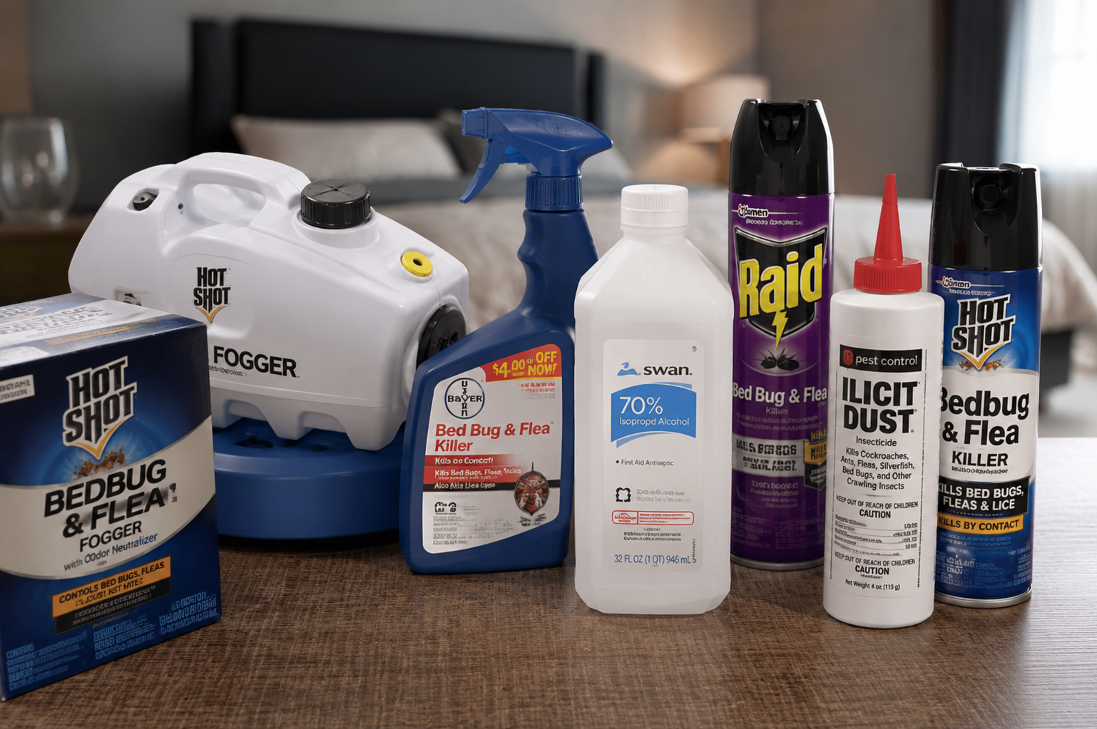 Common DIY bed bug products including foggers, rubbing alcohol, insecticide dusts, aerosol sprays, and over-the-counter treatments often used before professional bed bug extermination.